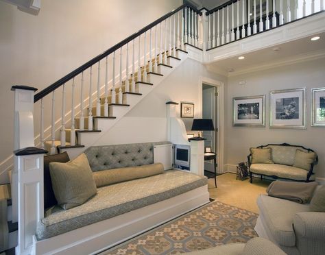 Stair Nook, تحت الدرج, Built In Couch, Built In Sofa, Stair Case, Home Stairs Design, Stair Decor, Built In Seating, Diy Stairs