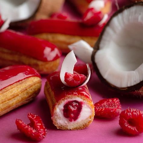 Raspberry Eclairs, Raspberry Puree, French Heritage, Eclair Recipe, Whipped Ganache, Fine Dining Desserts, Raspberry Coconut, Choux Pastry, Cream Puff