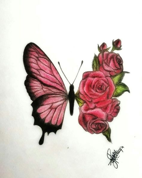 .. Rose Butterfly Drawing, Butterfly Rose Drawing, Butterfly And Flowers Drawing, Realistic Butterfly Drawing, Fly Drawing, Pencil Inspiration, Butterfly Art Drawing, Small Butterfly Tattoo, Grass Painting