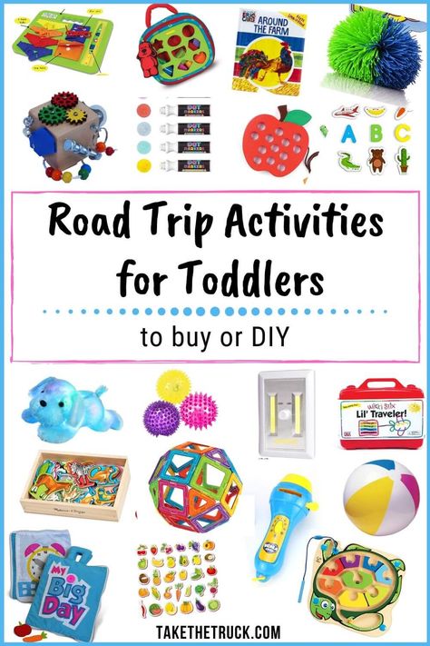 This post is full of great road trip activities for toddlers, whether you’re looking for DIY road trip activities or for the best travel toys to purchase for your next family road trip. All these road trip activities and toys are just right for 1 year old and 2 year old toddlers. #takethetruck #roadtrip #familyroadtrip #familytravel Toddler Road Trip Activities, Toddler Car Activities, Road Trip Toys, Road Trip Entertainment, Toddler Road Trip, Trip Activities, Travel Toys For Toddlers, Car Activities, Road Trip Activities