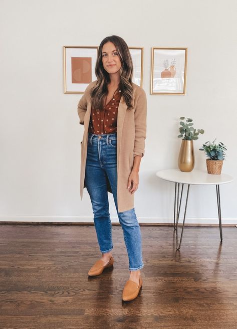 ashley wearing a dark orange patterned peasant blouse under a tan coatigan sweater blazer, medium wash jeans, and cognac loafers Office Outfits Fall 2023, Madewell Winter Outfits, Plus Size Casual Professional Outfit, Fall Photoshoot Women Outfit, Layering Women Outfit, Fall Style For Women In Their 30s, Teacher Winter Capsule Wardrobe, Working Mom Outfits Business Casual, Neutral Tone Outfits Women