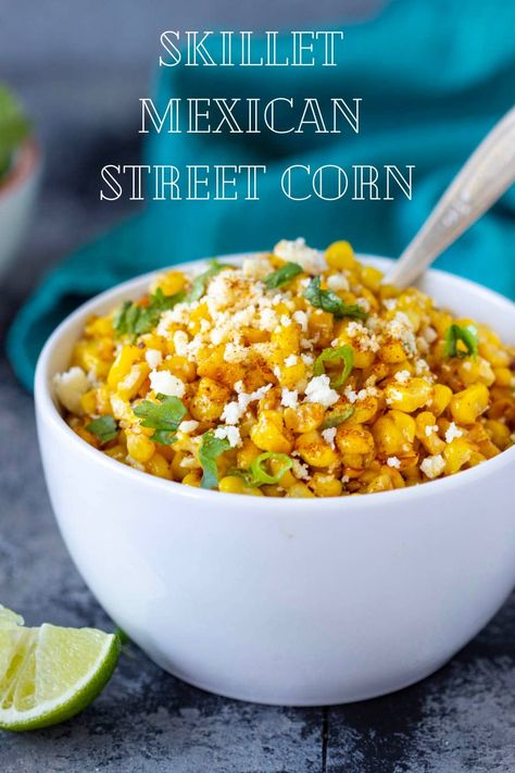 Skillet Mexican Street Corn is loaded with flavor! Sweet summer corn (fresh or frozen) is toasted/charred it in a skillet and topped with a bit of mayo, green onion, jalapeno (optional) cilantro, crumbled cotija cheese and chili powder. Serve as a side dish, a dip  or top chicken, fish, shrimp, or tacos. Mexican Reception, Skillet Mexican Street Corn, Corn With Mayo, Mexican Corn Recipes, Whip Cookies, Mexican Vegetables, Inexpensive Dinner Recipes, Mexican Street Corn Recipe, Bbq Corn