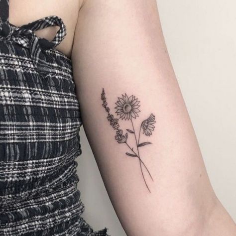 Dainty Sunflower Bouquet Tattoo, Sunflower Bicep Tattoo, Bicep Tattoo Flower, Sunflower Tattoo Bicep, Daisy And Lavender Tattoo, Sunflower Lavender Tattoo, Tulip And Sunflower Tattoo, Sunflower And Tulip Tattoo, Sunflower And Lavender Tattoo