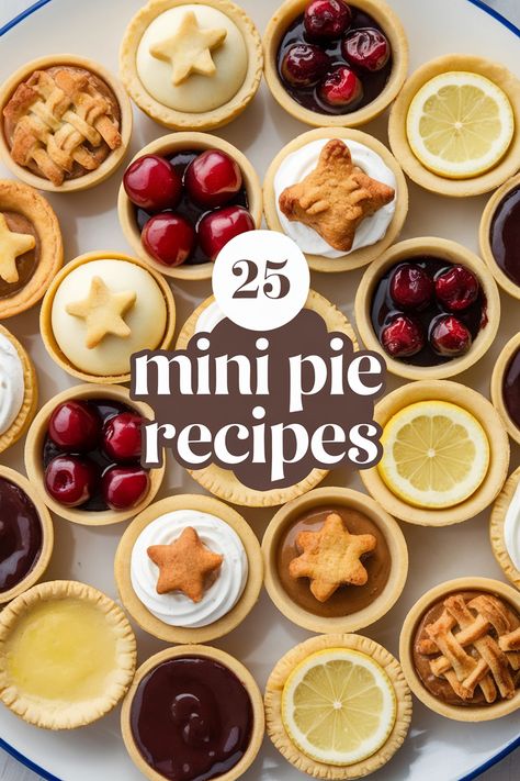 Mini pies are a crowd-pleasing party dessert that's easy to serve and enjoy. These bite-sized treats offer a variety of flavors and textures, making them perfect for any occasion. Discover unique mini pie ideas for your next gathering, from sweet chocolate and peanut butter to savory spinach and artichoke fillings. Easy mini pie recipes are perfect for beginners, while more elaborate options will impress your guests with your culinary skills. Mini Pie Press Recipes, Mini Pie Filling Ideas, Mini Pies For Christmas, Make Your Own Pie Bar, Recipes Using Mini Pie Shells, Mini Holiday Pies, Mini Pies Christmas, Mini Chess Pies, Mini Pie Crust Desserts