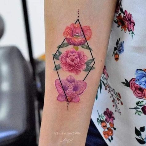 Embroidery Tattoos, Fernanda Ramirez, Cross Stitch Tattoo, Mexican Tattoo, Embroidery Tattoo, Stitch Tattoo, Landscape Tattoo, Mexican Embroidery, Tattoo Trends