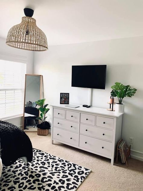 Small Bedroom Entertainment Center Ideas, Minimalist Dresser Decor With Tv, Tv Above Dresser Bedroom Mounted, Dresser Decor Tv Above, Tv Wall Decor Bedroom Aesthetic, Tv And Dresser Bedroom, Dresser Wall Ideas, Tv Over Dresser In Bedroom Stand, Tv Stand Aesthetic Bedroom