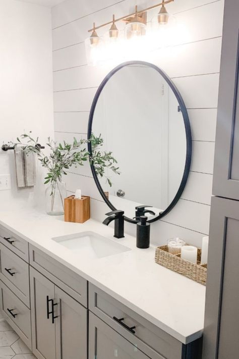 Modern Half Bathroom Vanity, Main Floor Bathroom Decor, Bathriim Ideas, Modern Farmhouse Restroom, Minimalist Farmhouse Bathroom, Bathroom Counters Ideas, Honeycomb Tile Bathroom, Bathroom Accent Wall Tile, Bathroom With Accent Wall