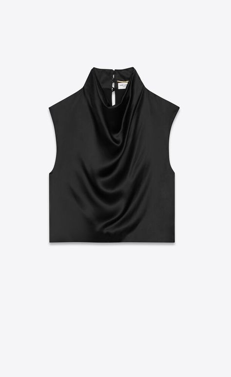 Cowl-neck crop top in satin | Saint Laurent | YSL.com Ysl Clothes, Fashion Show Videos, Water Fashion, Barbie Sewing, Neck Crop Top, Sleeveless Crop Top, Leather Coat, Winter Women, Cowl Neck