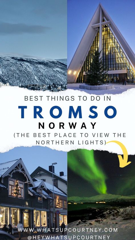 There are four pictures in this pin, one picture is a snowy view of Tromso mountains, another is a picture of shop houses in the city centre, another is a church in Tromso and finally northern lights by the lake. Tromso Aesthetic, Tromso Christmas, Things To Do In Tromso Norway, Best Time To Visit Norway, Tromso Norway Winter, Tromso Norway, Northern Light, See The Northern Lights, Norway Travel