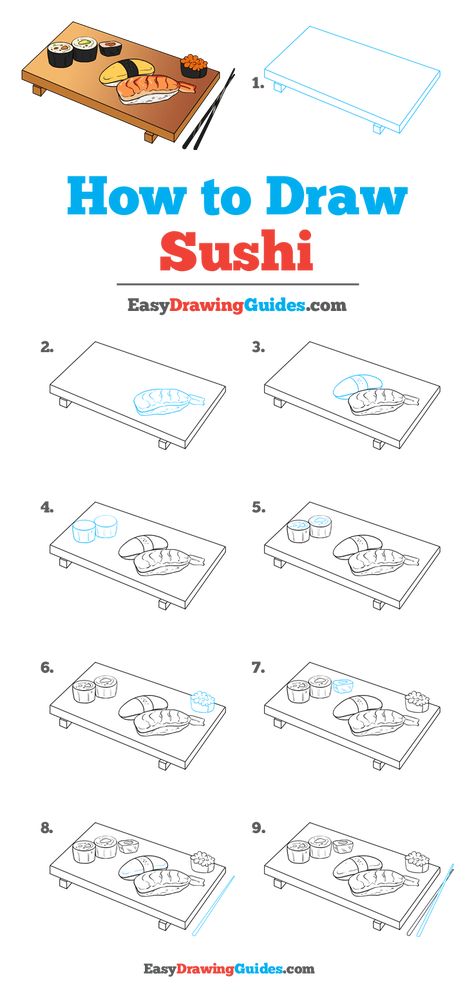 How To Draw Sushi Step By Step, How To Draw Sushi, Sushi Drawing Easy, Drawing Sushi, Sushi Painting, Sushi Easy, Sushi Table, Sushi Drawing, Drawing Easy Step By Step