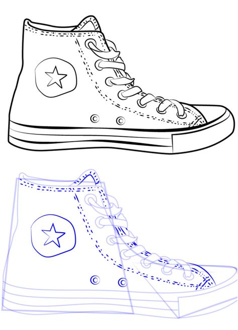 How to Draw Converse Shoe How To Draw Converse, Converse Sketch, Draw Converse, Shoes Drawing Ideas, Pointe Shoes Drawing, Converse Drawing, Easy Shoes, Sketch Outline, Shoe Drawing