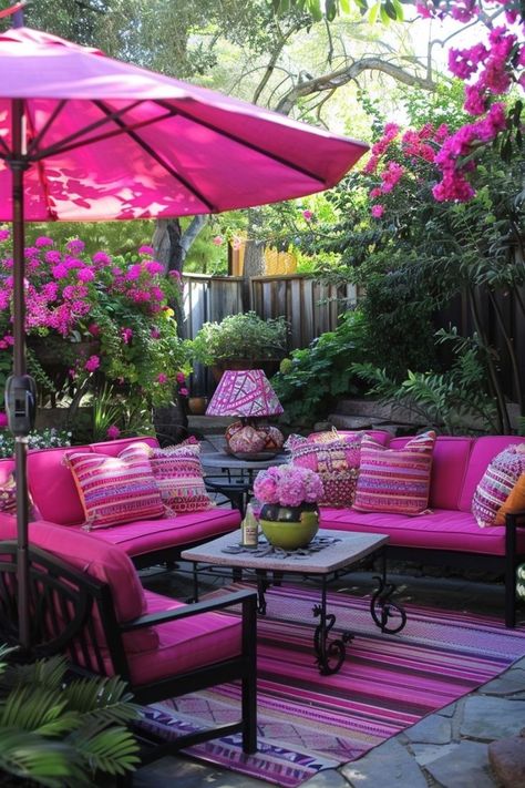 Pink Balcony, Porch Interior Design, Dream Backyards, Outdoor Patio Ideas Backyards, Patio Entertaining, Patio Decor Ideas, Blue Patio, Cottagecore Home, Pink Furniture