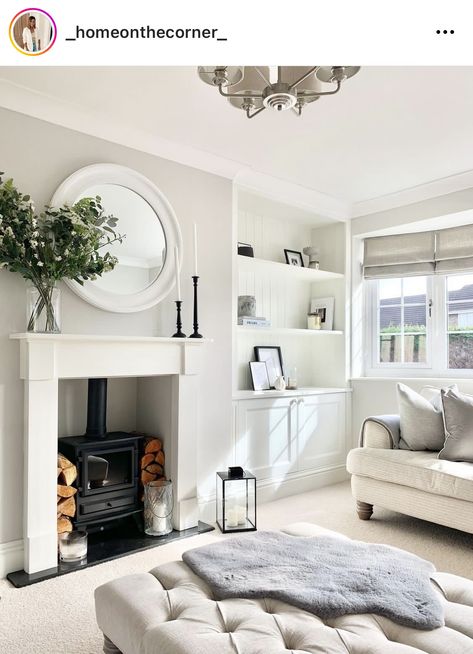 Soft White Living Room, Small White Living Room, White Sitting Room, White Living Room Ideas, Alcove Ideas, White Wall Mirror, Log Burner Living Room, Home Decor Display, Snug Room