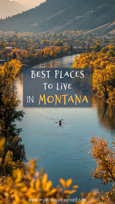 A kayaker paddles down a tranquil river surrounded by autumn-colored trees and rolling hills in Montana, creating a picturesque and serene landscape in one of the best places to live in Montana. Best Mountain Towns To Live In, Living In Montana, Moving To Montana, Houses In Montana, Montana Landscaping, Montana Views, Ennis Montana, Things To Do In Montana, Montana Aesthetic