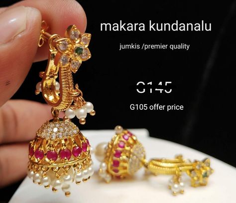 Makara Kundanalu Earrings, Makara Kundanalu, Simple Choker Necklace, Gold Earrings For Kids, Wedding Jewelry Sets Bridal Jewellery, Gold Jhumka Earrings, Gold Earrings Models, Gold Bangle Set, Gold Earrings Wedding