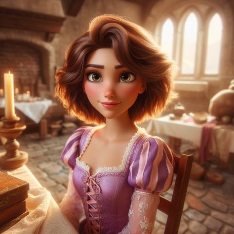 Rapunzel After Haircut, Rapunzel Short Hair Aesthetic, Brown Hair Rapunzel, Rapunzel Short Haircut, Rapunzel With Short Hair, Barbie Short Hair, Rapunzel Short Hair, Tangled Cosplay, Rapunzel Drawing