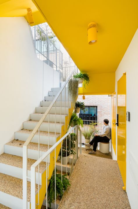 Small Space Stairs, Yellow Stairs, External Staircase, Korea University, Apartment Exterior, Flooring Inspiration, Brick Facade, White Brick, Brick Design