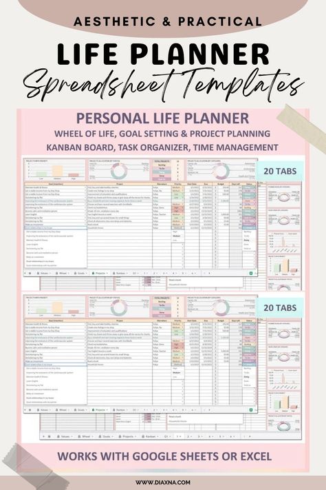 Crafting Productivity: Discover Aesthetic and Practical Spreadsheet Templates for Digital Life Planning - Top Spreadsheet Templates for Digital Life Planners. — DIAxNA Excel Life Planner, Discover Aesthetic, Spreadsheet Design, Excel Spreadsheets Templates, Online Planner, Life Planning, Kanban Board, Planner Pdf, Spreadsheet Template