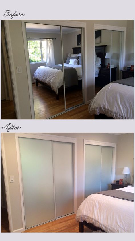 Mirrored closet door makeover -- I covered the existing doors with Gila frosted glass film from Home Depot.  Cost about $85.00 and it took about 4 hours to complete! Mirrored Closet, Pintu Interior, Mirror Closet, Closet Mirror, Glass Closet Doors, Bedroom Closet Doors, Door Makeover Diy, Glass Closet, Closet Door Makeover