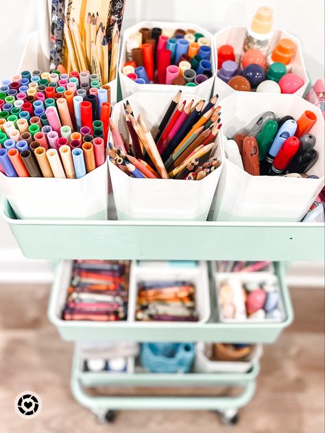 Create a homework station using a cart or caddy. Carts are great for organizing all the supplies and creative art supplies. A caddy is perfect for just the homework essentials and can be moved from desk to tabletop. Follow my shop @This_Organized_Chaos on the @shop.LTK app to shop this post and get my exclusive app-only content! #liketkit #LTKhome #LTKfamily #LTKkids @shop.ltk https://liketk.it/4iwvS Coloring Utensils Organization, Arts And Crafts Cart, Art Supply Cart, Raskog Cart, Ikea Art, Craft Cart, Homework Station, Art Supply Organization, Art Cart