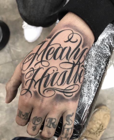 Hand Tattoo Writing Words, Hand Cursive Tattoo, Hand Name Tattoos Men, Gangsta Tattoos For Women Hand, Script On Hand Tattoo, Hand And Arm Tattoos For Guys, Hand Tattoos For Guys Ideas Design, Guy Hand Tattoos, Hand Tattoo Writing