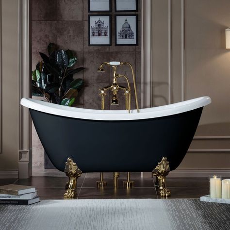 WoodBridge 59" x 28" Clawfoot Soaking Acrylic Bathtub & Reviews | Wayfair White Clawfoot Tub, Black Clawfoot Tub, Clawfoot Tub Bathroom, Claw Tubs, Vintage Bathtub, White Faucet, Clawfoot Tub Faucet, Black Faucet, Bathtub Drain