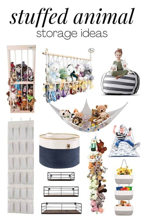 collage of stuffed animal storage ideas Hammock Stuffed Animal Storage, Stuffed Animal Storage Boys Room, Stuffed Toys Storage Ideas, Ideas To Store Stuffed Animals, Storage Stuffed Animals, Stuffed Animal Storage Wall, Stuff Animal Storage Ideas Small Spaces, Stuffed Toy Organization Ideas, Hanging Stuffed Animal Storage