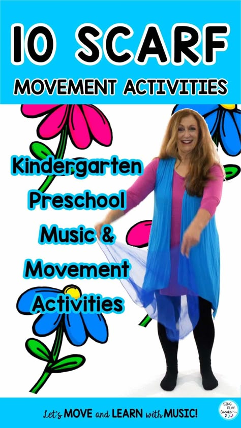 10 Scarf Movement Activities for preschool and kindergarten music time. Read the post by Sing Play Create with the 10 scarf activities. Movement Patterns Preschool, Preschool Scarf Activities, Scarf Movement Activities, Scarf Dance Preschool, Scarf Music And Movement, Scarf Activities For Preschool, Music For Preschoolers Lesson Plans, Preschool Scarf Songs, Music And Movement Kindergarten