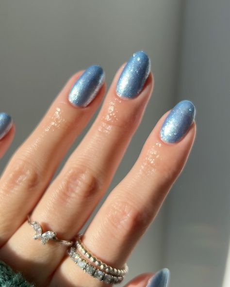 #holidaynails hashtag on Instagram • Photos and videos Frosty Pearl Nails, Pearlescent Blue Nails, Frosty Blue Nails, Blue Chrome Nails With Pearls, Blue Opalescent Nails, Icy Blue Nails, Blue Sparkle Nails, Blue Frosty Eyeshadow, Blue Shimmer Nails Acrylic