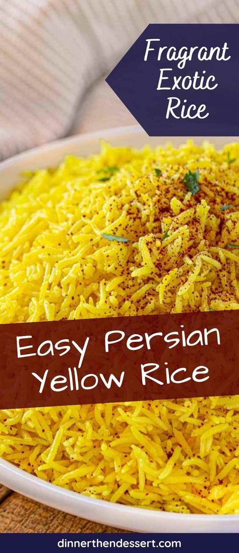 Persian Yellow Rice is a flavorful, easy recipe and a must-have side dish. Fluffy rice cooked in saffron-chicken broth. Ready in 30 minutes! Lebanese Yellow Rice, Persian Saffron Chicken Recipe, Persian Kabob Recipe, Persian Kabob, Celery Stew, Persian Dinner, Saffron Rice Recipe, Rice Recipes Side, Persian Food Iranian Cuisine