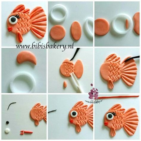 Fondant fish tutorial Fondant Fish, Ocean Cakes, Cake With Fondant, Sea Cakes, Beach Cakes, Cake Topper Tutorial, Fondant Animals, Fondant Cake Toppers, Fondant Tutorial