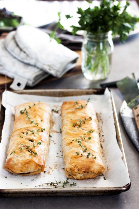 Savory Mushrooms & Goat Cheese Strudel - Craft Beering Strudel Recipes Savory, Vegetarian Phyllo Recipes, Mushroom Phyllo Recipes, Savory Strudel Recipes, Goat Cheese Phyllo Appetizers, Recipes Using Goat Cheese, Mushroom Strudel, Mushroom Goat Cheese, Courtney Williams