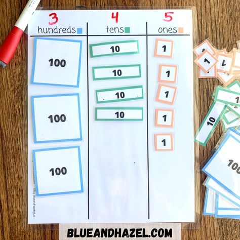 One Tens Hundreds Activities, Ones Tens Hundreds Chart, Place Value Mat, Value Worksheet, Thumbprint Crafts, Homeschool Math Curriculum, Maths Display, Teaching Place Values, Place Value Activities