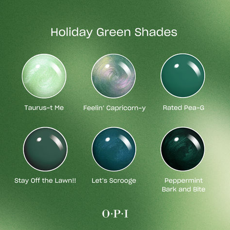 Want to branch out with green holiday hues? Don’t leaf without trying these Grinch-approved shades. 🎄💚🍃 *SAVE* for client inspo! #OPI #OPIObsessed #HolidayNails #greennails Dark Green Opi Gel Polish, Opi Holiday Nails, Opi Greens, Opi Green Nail Polish Shades, Opi Christmas Colors, Dark Green Holiday Nails, Holiday Dip Nails Winter, Opi Green, Opi Nail Polish Colors