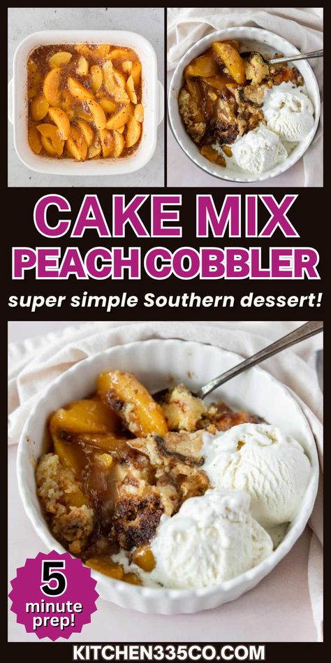 a white bowl filled with peach cobbler topped with 2 scoops of vanilla ice cream Cake Mix Peach Cobbler, Southern Recipes Desserts, Southern Peach Cobbler, Classic Southern Recipes, Chocolate Chip Pecan Cookies, Lemon Poppyseed Cake, Simple Desserts, Coconut Cake Recipe, Southern Desserts