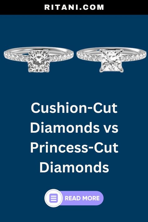 Cushion Cut Diamonds vs Princess Cut Diamonds I Whats the Difference and Which Should You Choose I ​Cushion-cut and princess-cut diamonds are some of the most popular choices for engagement rings. They can easily be confused with one another because they are generally square in shape. Keep reading to discover the difference between the cushion-cut diamond and princess-cut diamond and to determine which shape is right for you. I #rings #earrings #wedding Cushion Engagement Rings, Retail Jewelry, Cushion Engagement Ring, Jewellery Marketing, Cushion Diamond, Diamond Education, Cushion Cut Diamonds, Buying Diamonds, Earrings Wedding