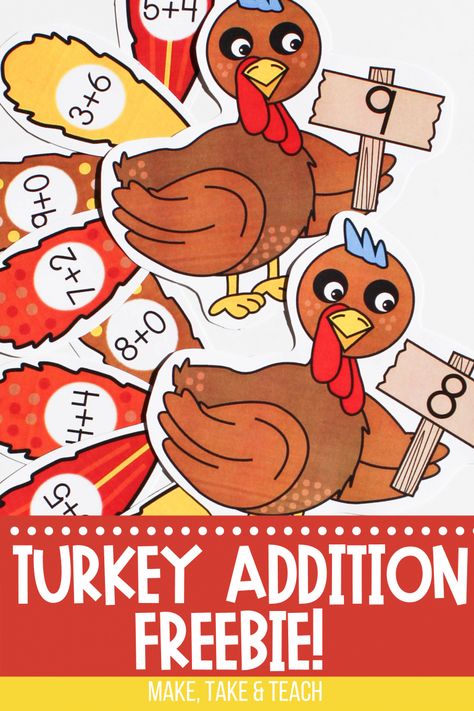 Thanksgiving Turkey Activities Math Freebie Thanksgiving Math First Grade, Thanksgiving Addition Kindergarten, Thanksgiving Math Preschool, Addition Activities Kindergarten, Turkey Activities, Thanksgiving Math Centers, Thanksgiving Addition, Kindergarten Stations, Thanksgiving Classroom Activities