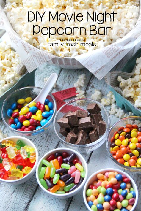 DIY Movie Night Popcorn Bar #movienight #snack #familysnack Diy Movie Night, Kids Sleepover, Movie Night Popcorn, Movie Night Snacks, Backyard Movie Nights, Girl Sleepover, Family Fresh Meals, Backyard Movie, Movie Night Party