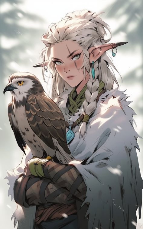 Elf Ranger Female Dnd, High Elf Dnd, Winter Eladrin Dnd, Wood Elf Character Design, Druid Oc, Winter Eladrin Female Dnd, White Haired Elf Female, Dnd Elf, Blonde Elf Girl