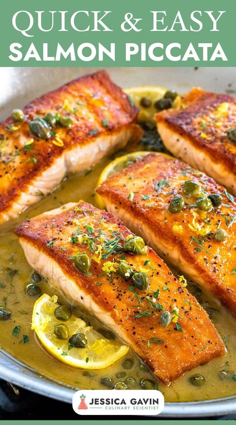 Easy Salmon Piccata Recipe!🍋🐟 Tender salmon fillets cooked to perfection in a tangy lemon caper sauce - a delicious dish that's sure to impress!✨ Get the recipe now and elevate your dinner game with this easy and elegant seafood favorite. #salmonpiccata via @foodiegavin Caper Salmon Recipe, Salmon Capers Recipe, Salmon And Capers Recipe, Salmon Recipes Italian, Pink Salmon Fillets Recipes, Italian Salmon Recipes, Salmon Italian Style, Salmon Capperi, Mediterranean Salmon Recipes