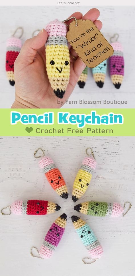 Pencil Keychain Crochet Free Pattern Pencil Crochet Pattern, Pencil Crochet, Pencil Keychain, Crochet Lanyard, Xmas Crochet, Crochet Keychains, Crochet Ornament Patterns, Keychain Crochet, Crocheting Ideas