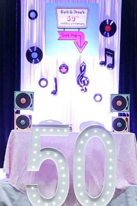 There are so many fun 50th birthday party ideas to choose from but a great way to celebrate such a significant milestone birthday is by throwing a fab retro-themed party, such as the '70s, '60s, and better still... the '50s. Have your guest come dressed in 50's fashion, like leather jackets and full circle skirts, and set up a fab photo booth so you can take lots of photos and make lots of memories.  See more party ideas and share yours at CatchMyParty.com 70s 50th Birthday Party, Vintage 50th Birthday Party For Women, 50th Birthday Party Vintage Theme, 1970s 50th Birthday Party, 50th Birthday Retro Theme, 50s Birthday Party Theme For Adults, 50s Birthday Party Theme, 50s Birthday Party, 50s Birthday