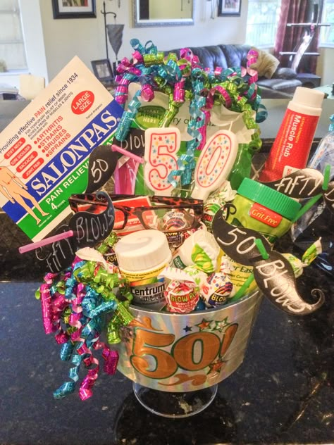 Birthday 50th Gift Idea's 50th Birthday Party Gifts, Women Gift Baskets, 50th Bday Ideas, 50th Birthday Gag Gifts, Funny 50th Birthday Gifts, 50th Birthday Presents, Funny 50th Birthday, Diy Easter Basket, Moms 50th Birthday