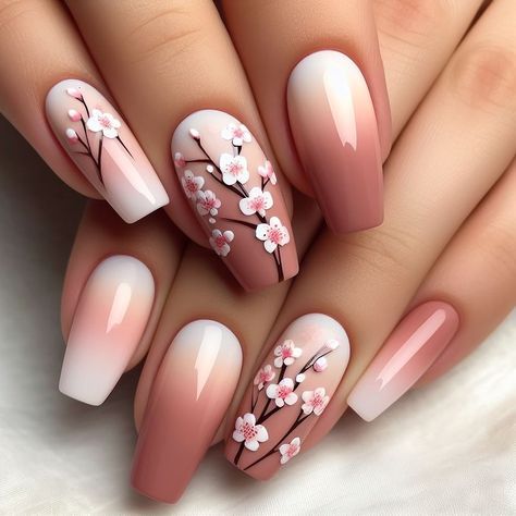 Ongles Beiges, Cherry Blossom Nails Art, Fantastic Nails, Latina Nails, Pink Nail Art Designs, Lace Nail Art, Cherry Blossom Nails, Simple Spring Nails, Milky Pink