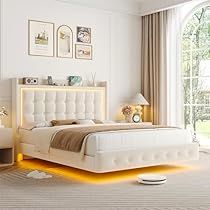 Floatimg Bed, Full Size Bed Ideas, Full Size Bed In Small Room, Bed Lights Headboard, Corner Queen Bed, Cute Bed Frames, Full Bed Ideas Small Rooms, Bed Set Furniture, Bed With Lights