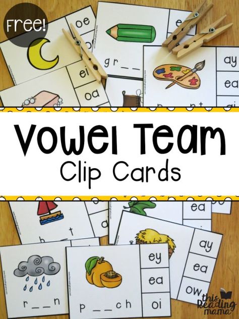 Free Vowel Team Clip Cards - This Reading Mama Kindergarten Vowels, Vowel Teams Poster, Free Phonics Activities, Vowel Teams Activities, Vowel Teams Worksheets, Reading Suggestions, Vowel Teams, Phonics Free, First Grade Phonics