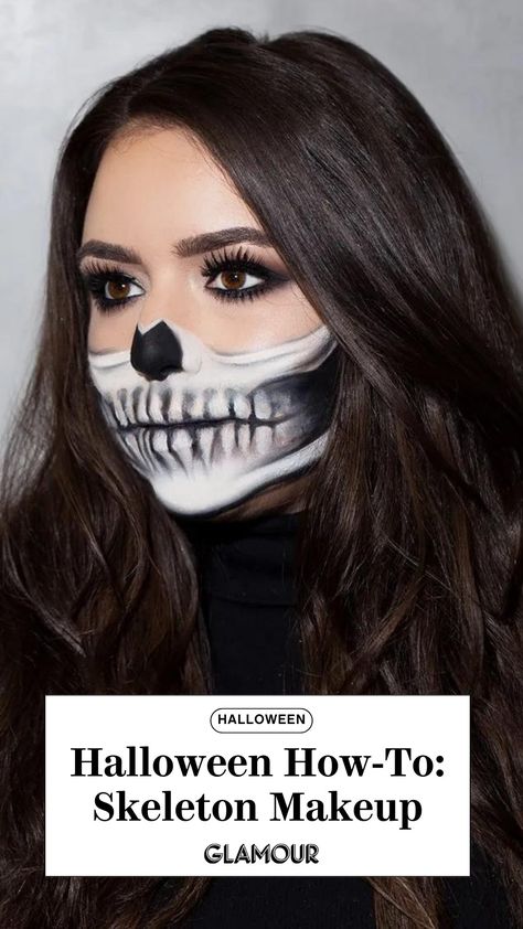 Learn step by step how to get this skeleton beauty look for Halloween. Half Skeleton Makeup, Skeleton Makeup Tutorial, Half Skull Makeup, Joker Halloween Makeup, Lily Lashes, White Face Paint, Makeup For Halloween, Joker Halloween, Black Eyeliner Pencil