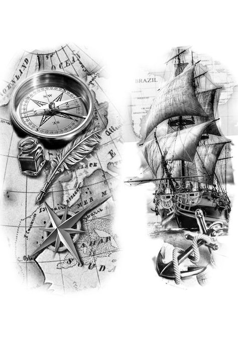 Masculine Tattoo Ideas, Long Tattoo Design, Ship Tattoo Design, Pirate Tattoo Sleeve, Viking Ship Tattoo, Ship Tattoo Sleeves, Tattoo Design For Men, Long Tattoo, Compass And Map Tattoo