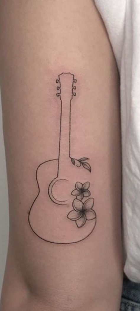 Guitar Silhouette Tattoo, Guitar Aesthetic Tattoo, Musician Memorial Tattoo, Guitar Small Tattoo, Dainty Music Note Tattoo, Guitar Tattoo With Flowers, Guitar And Flowers Tattoo, Mini Guitar Tattoo, Small Guitar Tattoo For Women