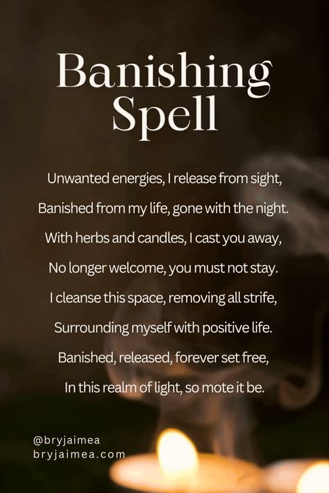 Unleash the power of a Banishing Spell to clear negative energy and unwanted influences from your life. Perfect for seasoned witches and beginners alike, this ritual harnesses the ancient art of witchcraft to protect and purify your space. Learn the step-by-step spell, including essential ingredients and incantations, to reclaim your peace and power. Whether you're a solitary witch or part of a coven, this spell will elevate your spiritual practice. Banishing Incantation, Banishing Spell Chant, Spellwork For Beginners, Spells To Protect Yourself, Removing Negative Energy Spell, Black Candle Spells For Protection, Spells To Banish Negative Energy, Protection Spell Ingredients, Spell For Inner Peace